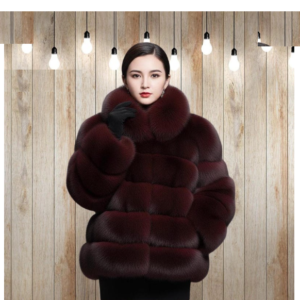 Women's Burgundy Fox Fur Cropped Jacket - Oversized Collar Winter Coat