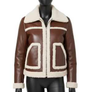 Handmade Shearling Brown Aviator Jacket - Front View