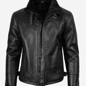 Black Shearling Leather Bomber Jacket for Men - Front View