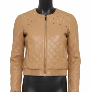 Beige Quilted Lambskin Leather Biker Jacket - Front View