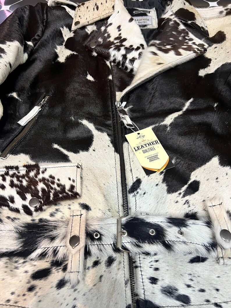 Handmade genuine cowhide hair-on leather jacket in detail