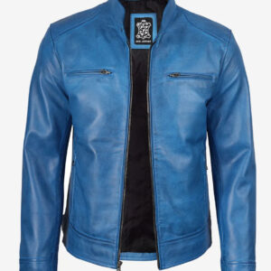 Dodge men's sky blue cafe racer leather jacket front view