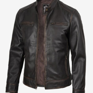 Dodge Men's dark brown lambskin leather jacket detail
