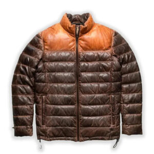 Distressed Lambskin Leather Puffer Jacket - Front View