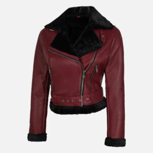 Handmade Real Shearling Maroon Aviator Jacket - Front View