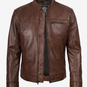 Men's Cognac Brown Real Leather Biker Jacket - Front View