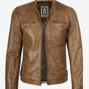 Image 1: Dodge Men's Camel Leather Cafe Racer Jacket - Alternate Color Front Veiw