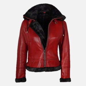 Handmade Real Shearling Aviator Hoodie Jacket - Front View