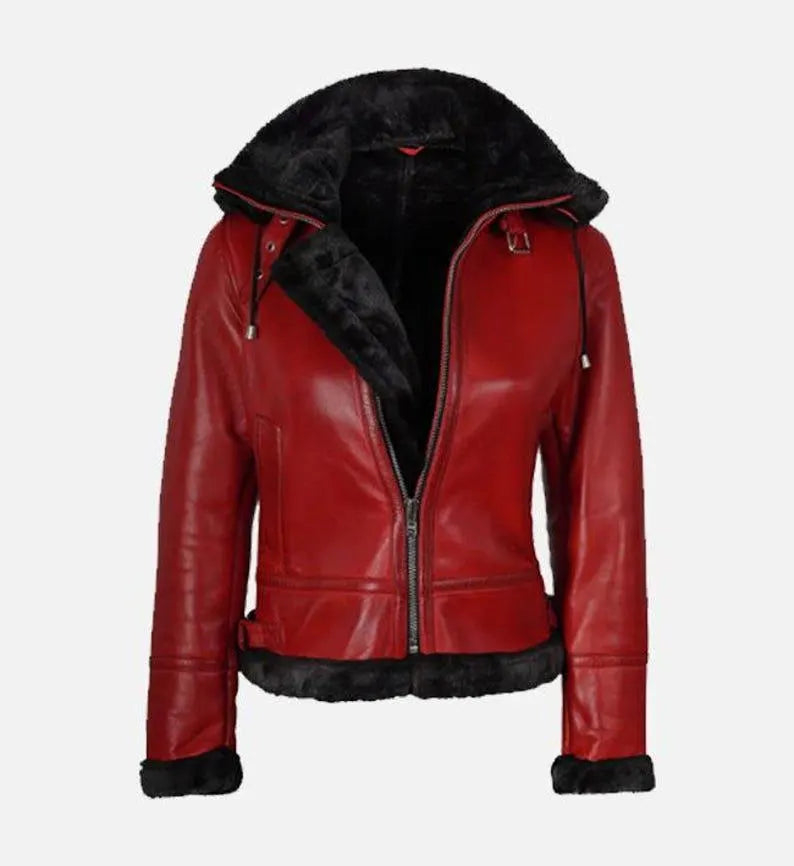 Handmade Real Shearling Aviator Hoodie Jacket - Front View