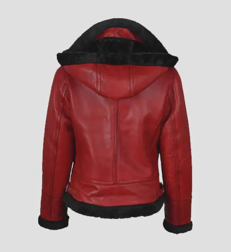Handmade Real Shearling Aviator Hoodie Jacket - Side/Detail View