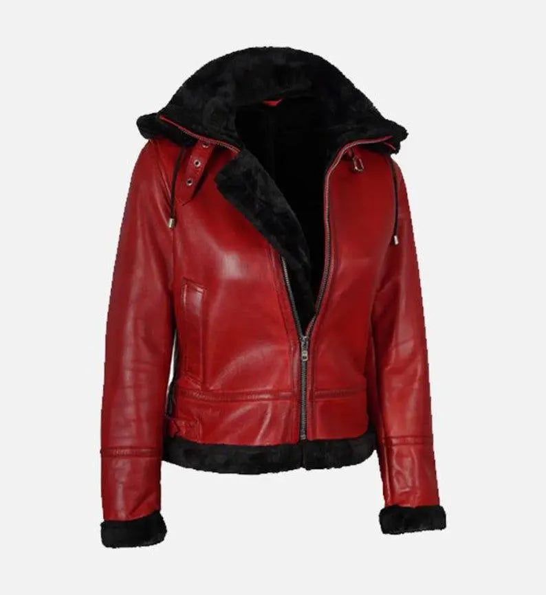 Handmade Real Shearling Aviator Hoodie Jacket - Image 2