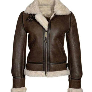 Handmade Real Shearling Brown Aviator Jacket - Grey Variant Front View