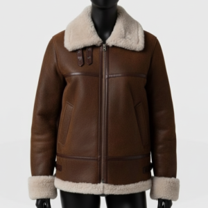 Handmade Shearling Brown Aviator Jacket - Front View