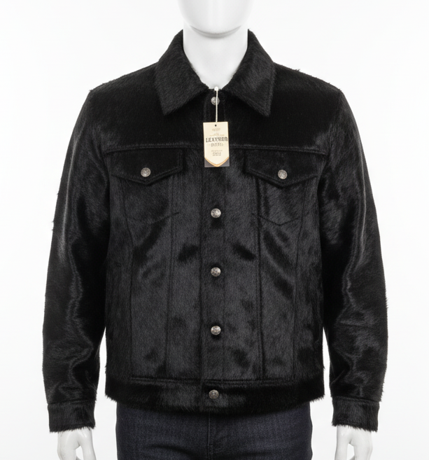 Handmade genuine cowhide jet black hair-on leather jacket