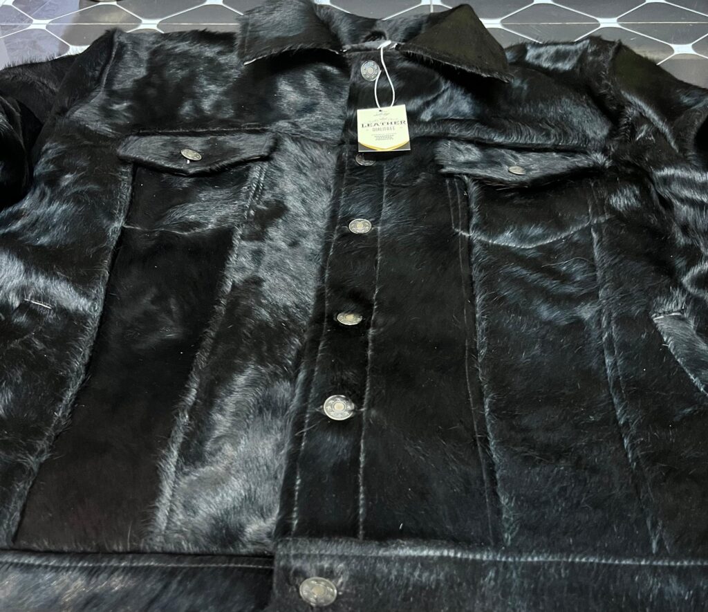 Genuine jet black cowhide leather jacket detail