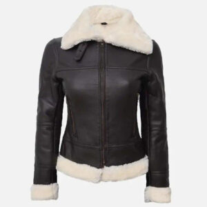 Handmade Real Shearling Brown Aviator Jacket - Front View