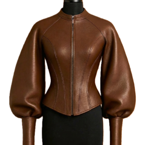 Brown Puff Sleeve Leather Jacket - Front View
