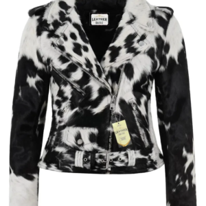 Handmade women's black and white cowhide hair-on leather jacket front view