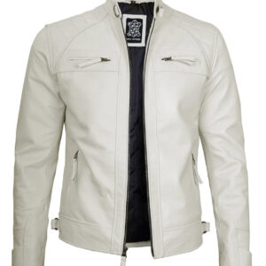 Image 1: Classic Men's Off White Real Leather Cafe Racer Jacket - Front View